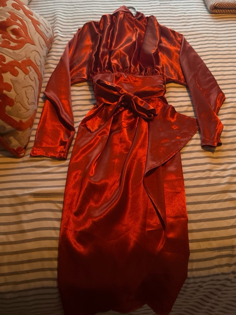 Orange Satin Wrap Dress with Waist Tie